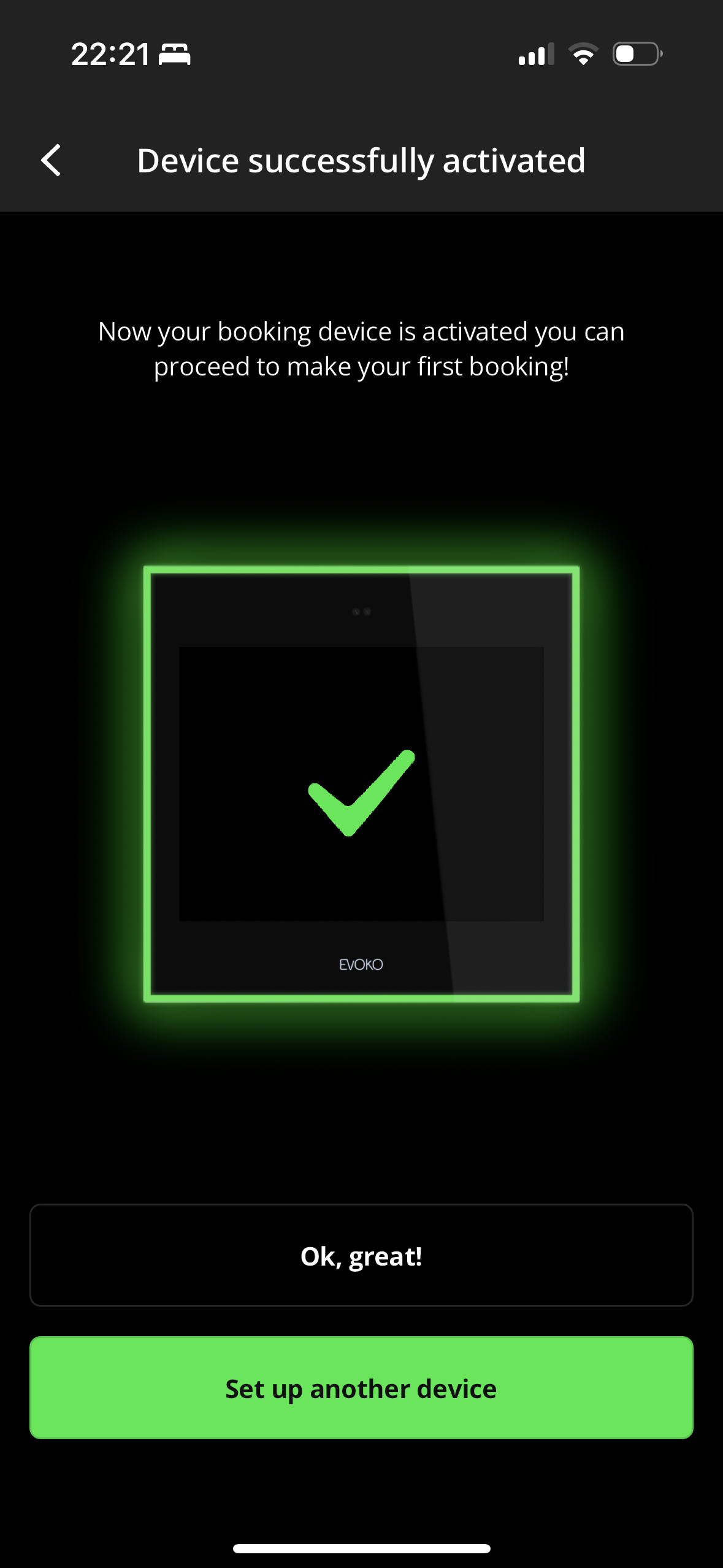 The Booking app showing a green checkmark indicating a successful connection and activation.