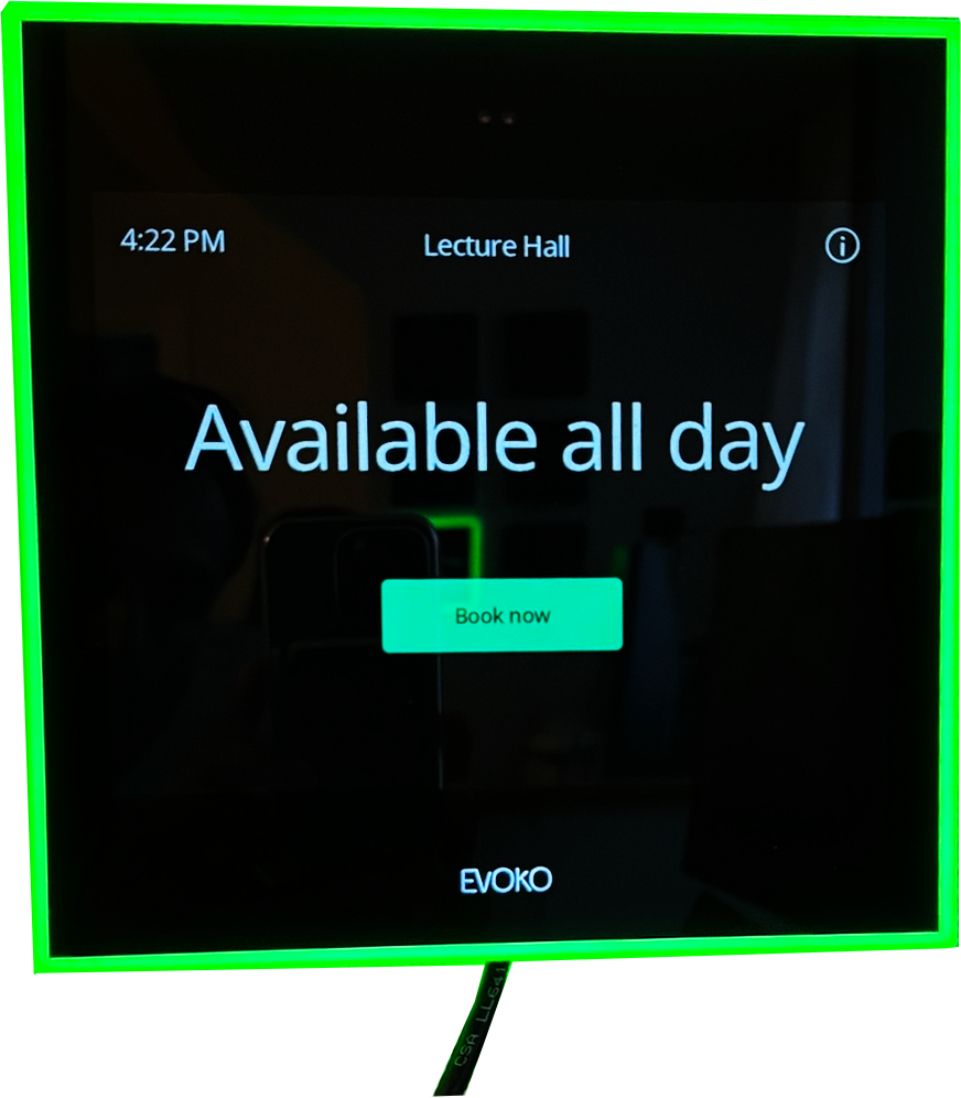 A configured Naso screen, showing the Workplace location it has been assigned to and availability.